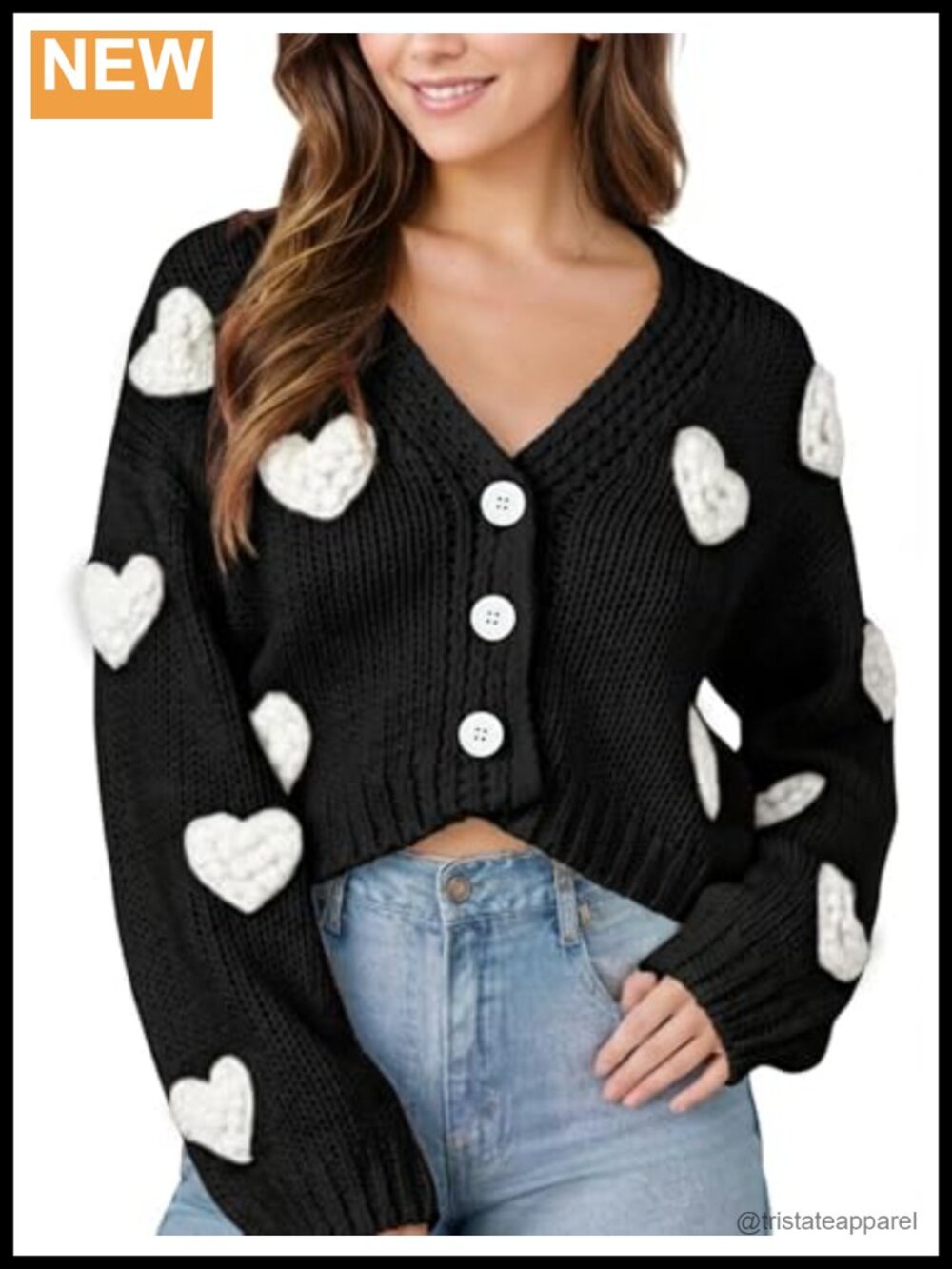 Womens Cropped Cardigan Sweater V-Neck 3D Heart Print Long Sleeve Valentines